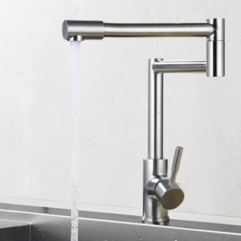 Silver stainless steel household faucet with dual handles and 360-degree rotating spout