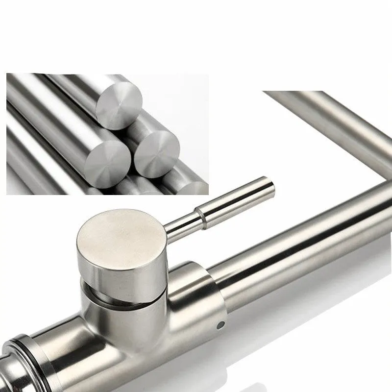 Silver stainless steel household faucet with dual handles and 360-degree rotating spout