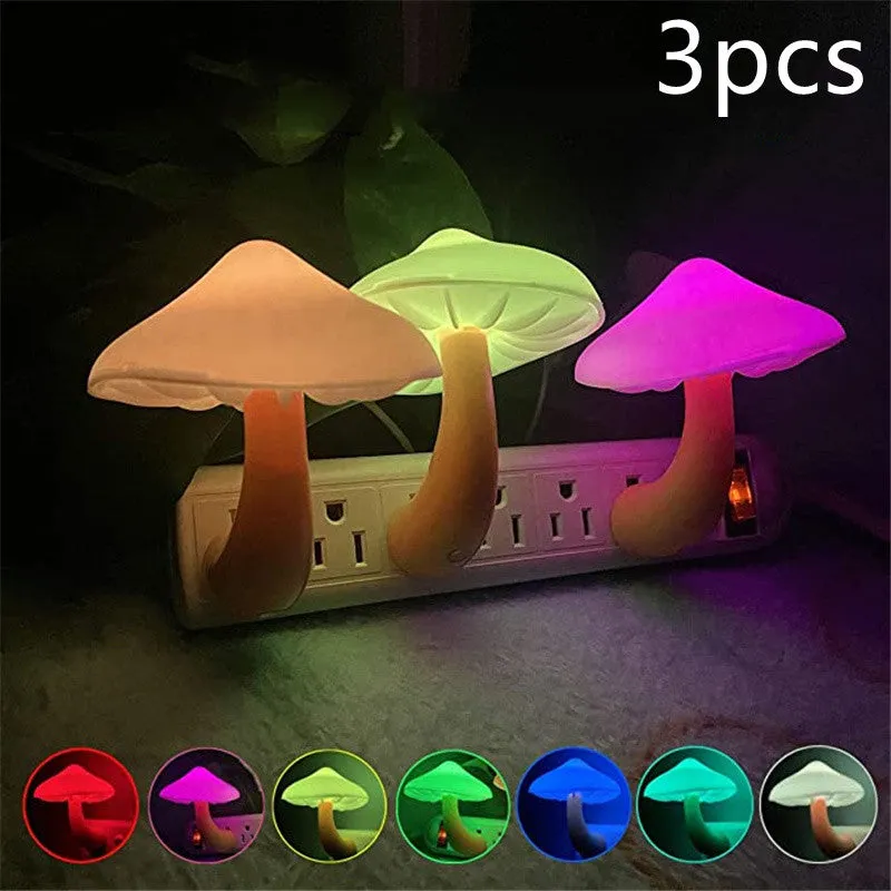 Mushroom-shaped LED night light with light sensor, warm yellow glow, plugging into a wall socket