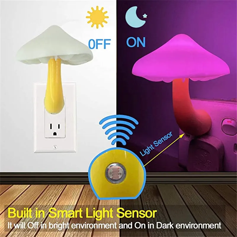 Mushroom-shaped LED night light with light sensor, warm yellow glow, plugging into a wall socket