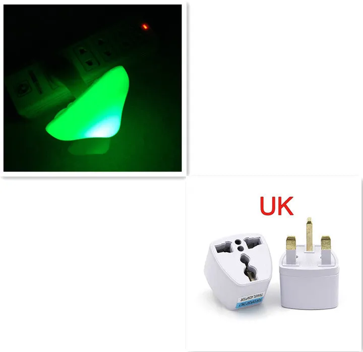 Mushroom-shaped LED night light with light sensor, warm yellow glow, plugging into a wall socket
