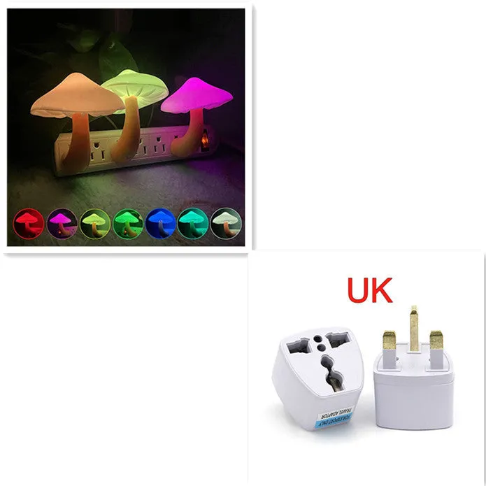 Mushroom-shaped LED night light with light sensor, warm yellow glow, plugging into a wall socket