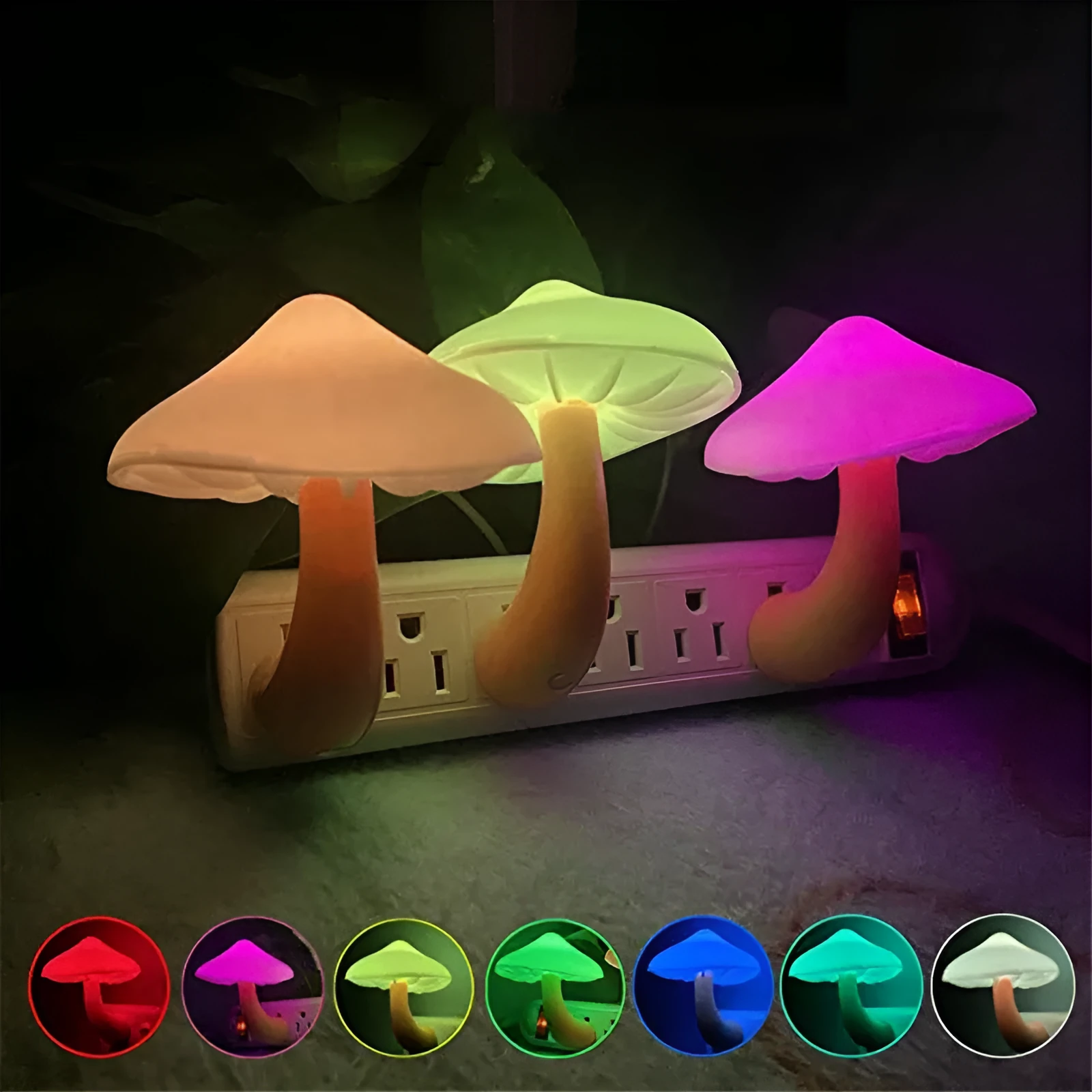 Mushroom-shaped LED night light with light sensor, warm yellow glow, plugging into a wall socket