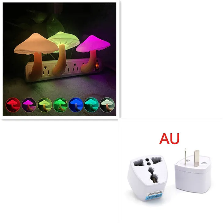 Mushroom-shaped LED night light with light sensor, warm yellow glow, plugging into a wall socket