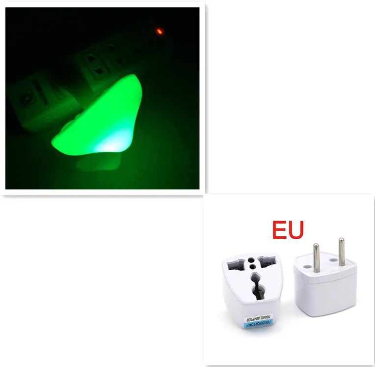 Mushroom-shaped LED night light with light sensor, warm yellow glow, plugging into a wall socket