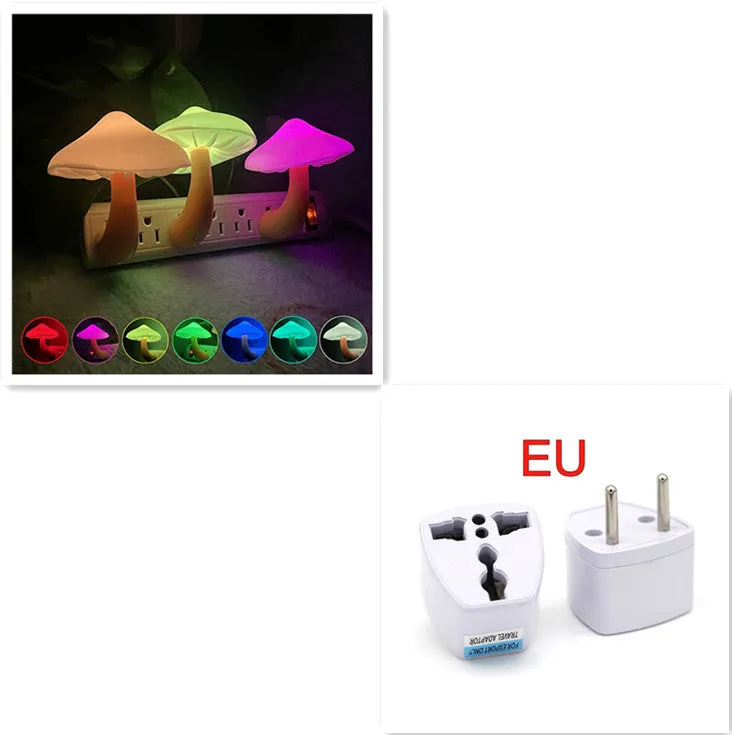 Mushroom-shaped LED night light with light sensor, warm yellow glow, plugging into a wall socket