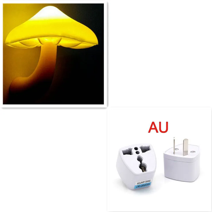 Mushroom-shaped LED night light with light sensor, warm yellow glow, plugging into a wall socket