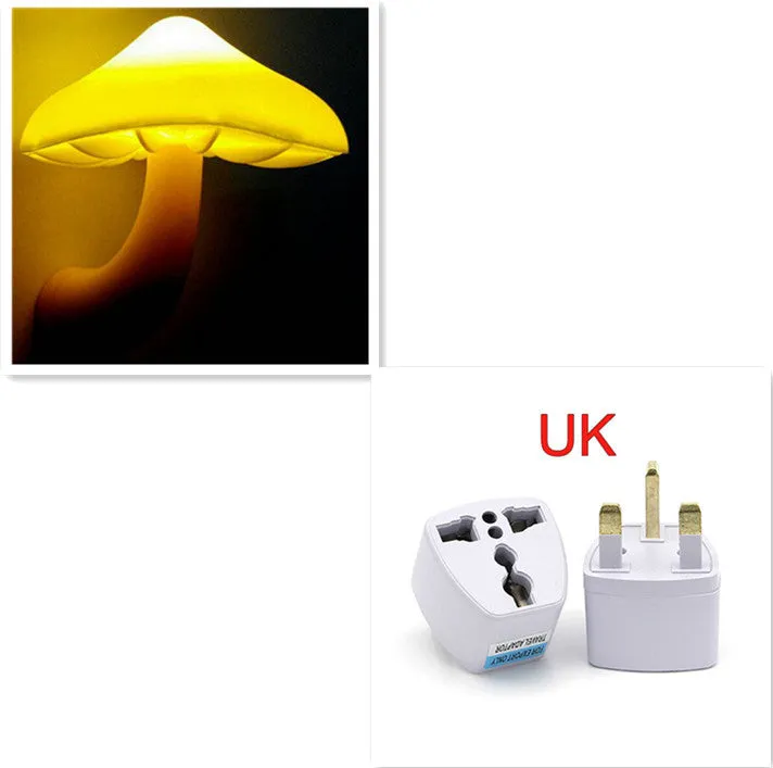 Mushroom-shaped LED night light with light sensor, warm yellow glow, plugging into a wall socket