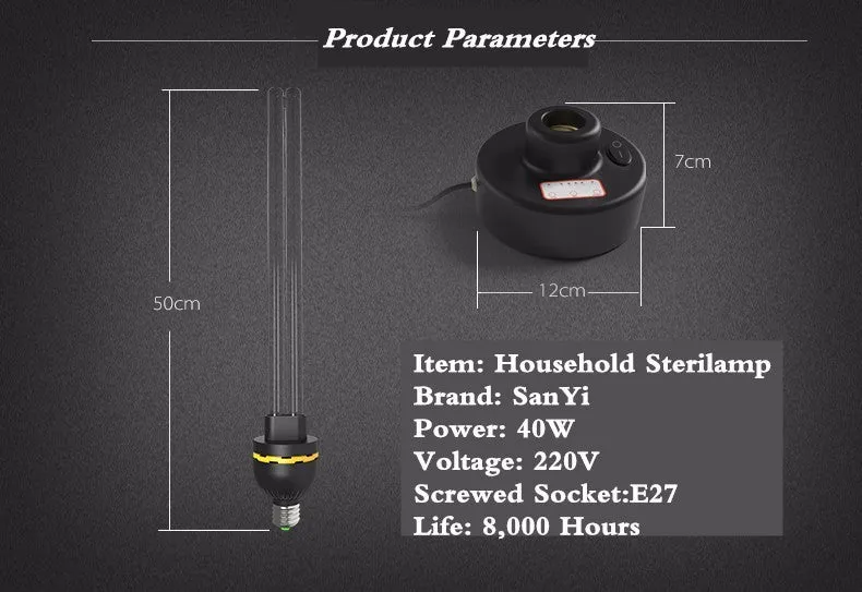 Household UV disinfection lamp with E27 screw base and ozone feature