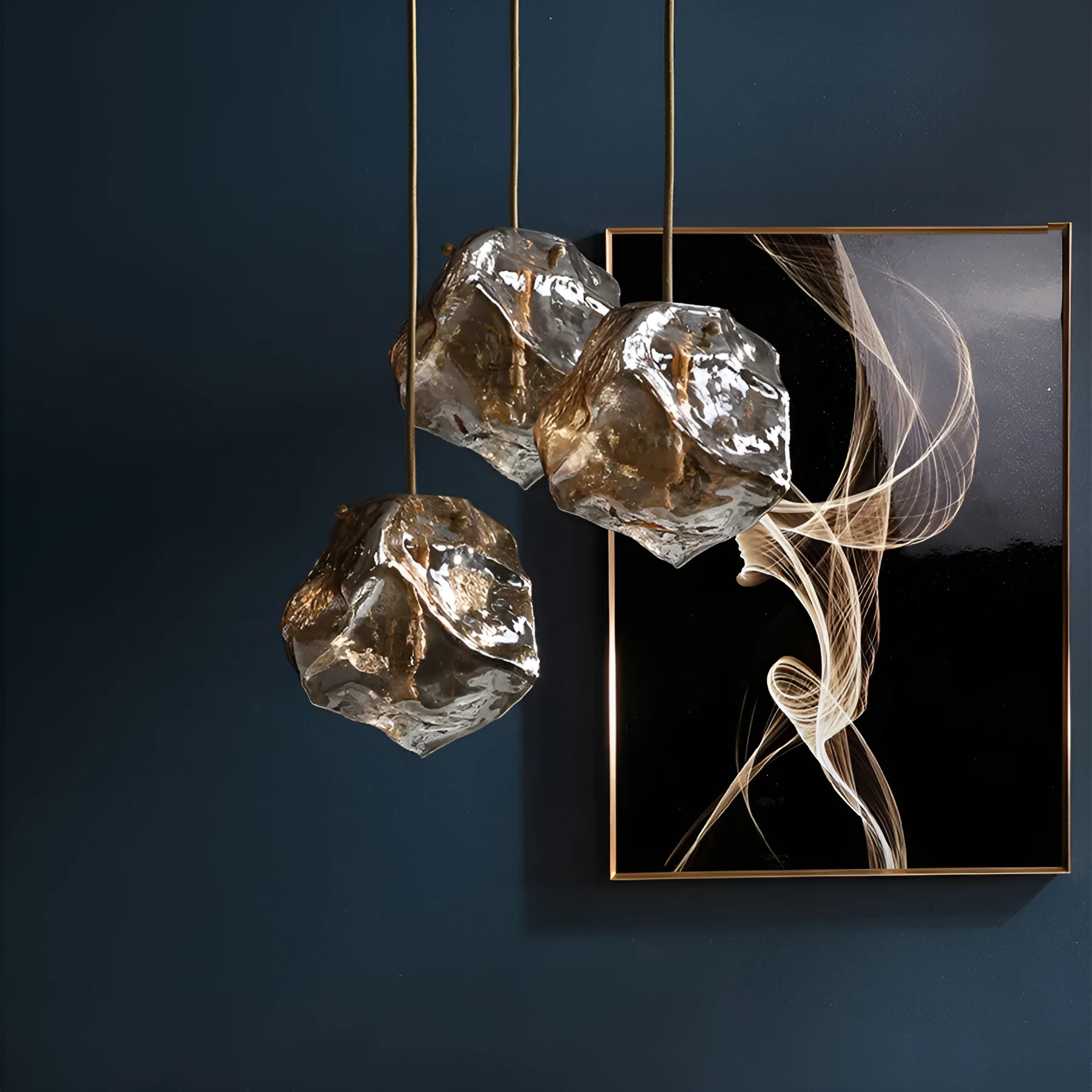 Minimalist ice cube glass chandelier with warm 4000K light, smoky grey shade and black hanging wire over a dining table
