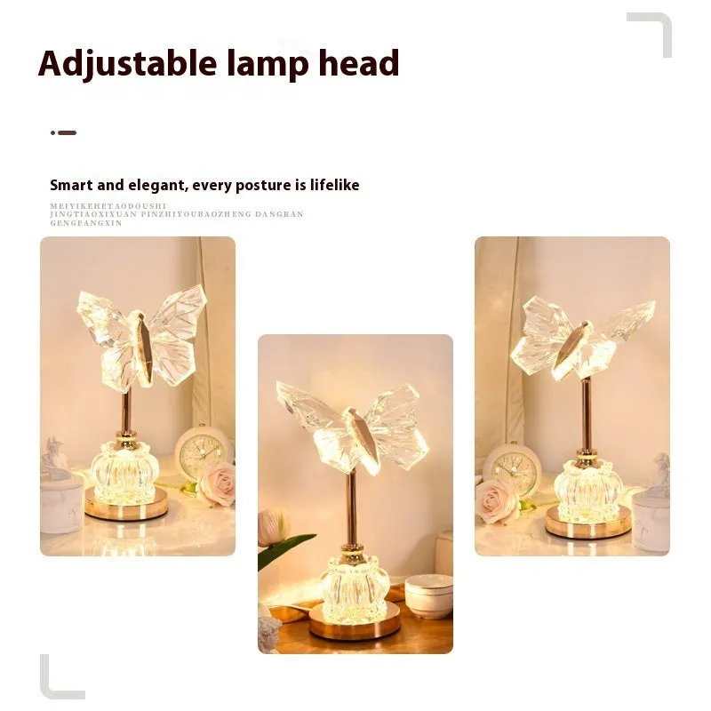 Butterfly table lamp with adjustable brightness and angle in a bedroom setting with USB plug-in