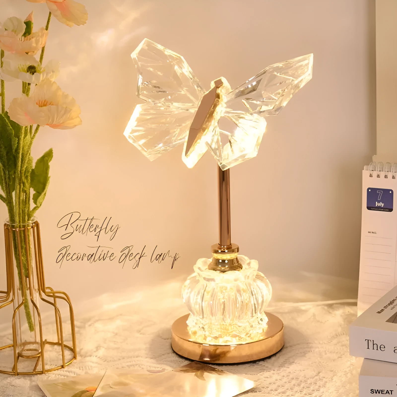 Butterfly table lamp with adjustable brightness and angle in a bedroom setting with USB plug-in