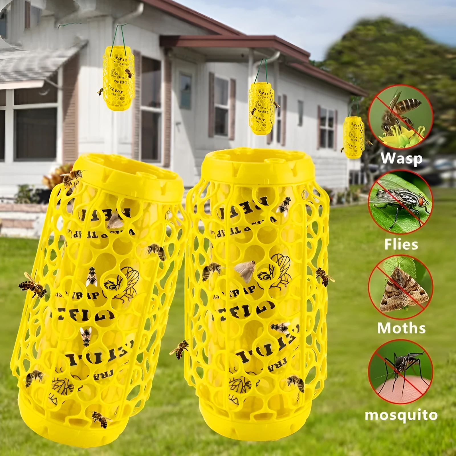 Hanging hornet catcher with sticky catcher and outer mesh for wasps and small flying insects in outdoor settings