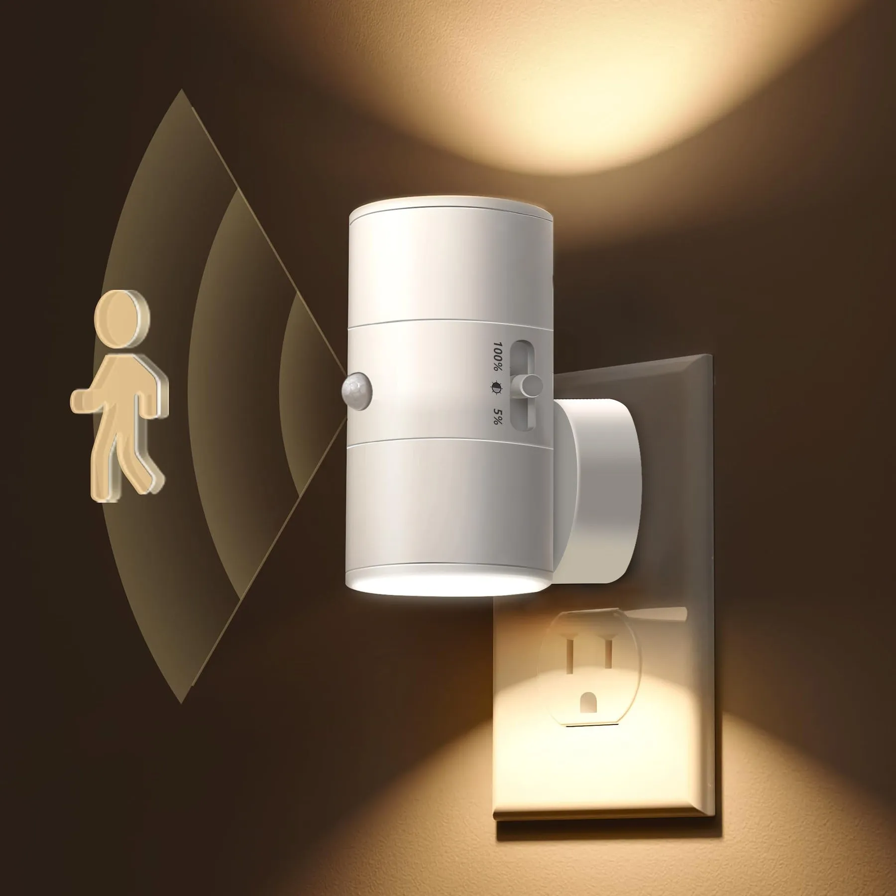 2-in-1 sensor plug LED night light with geometric stereo design, black shell, on white background
