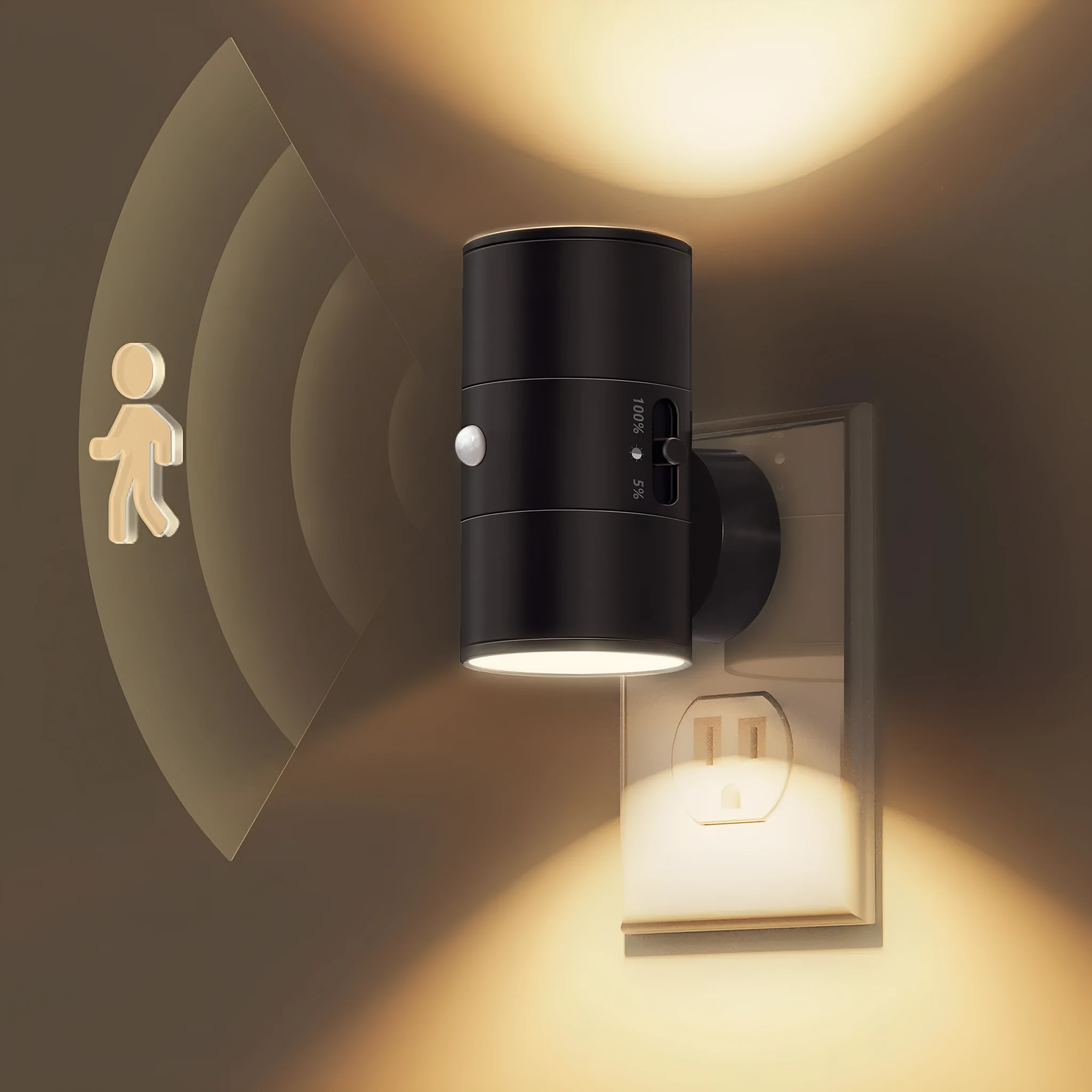 2-in-1 sensor plug LED night light with geometric stereo design, black shell, on white background
