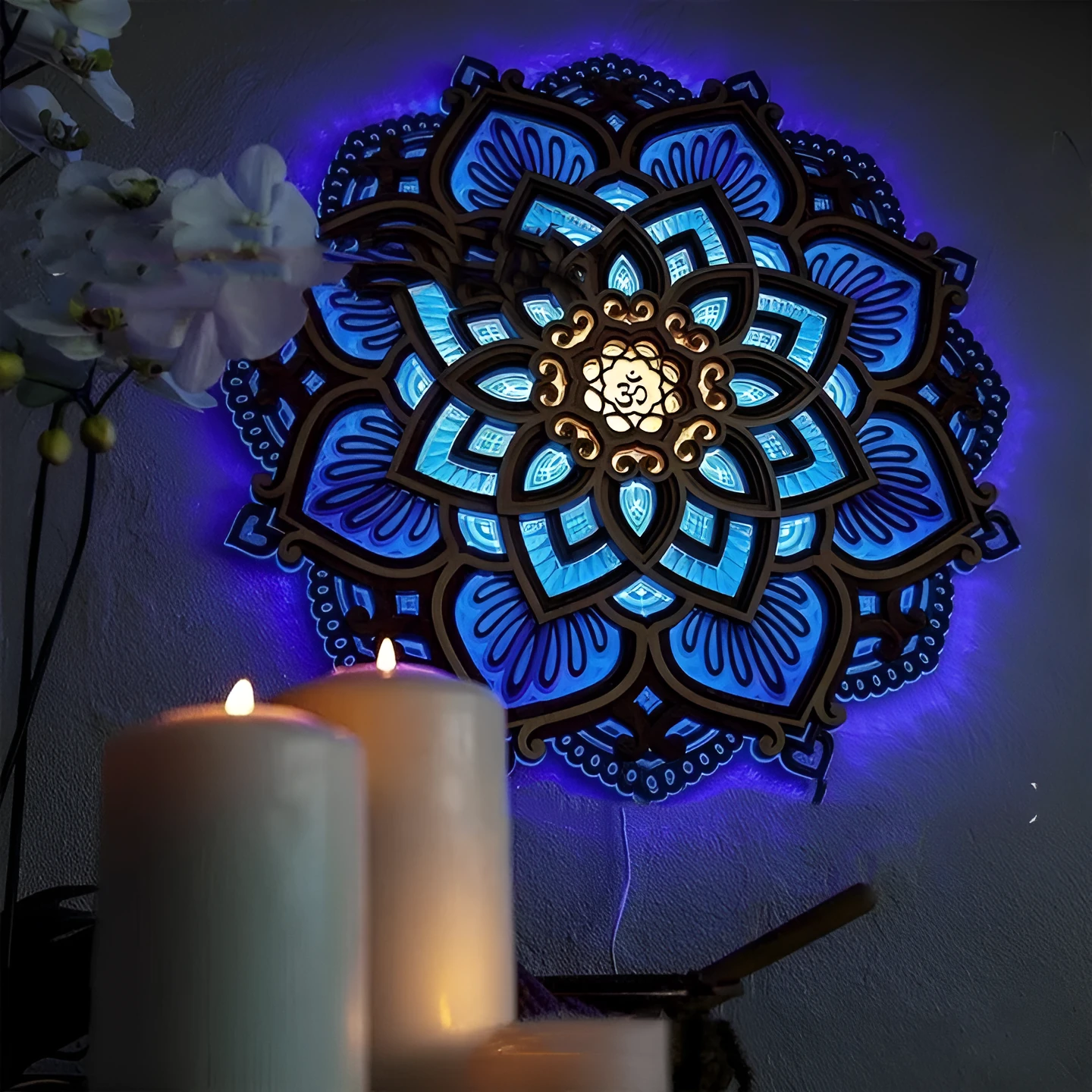 Yoga room creative datura atmosphere night light with wood acrylic lampshade projection blue purple 32x32cm 42x42cm