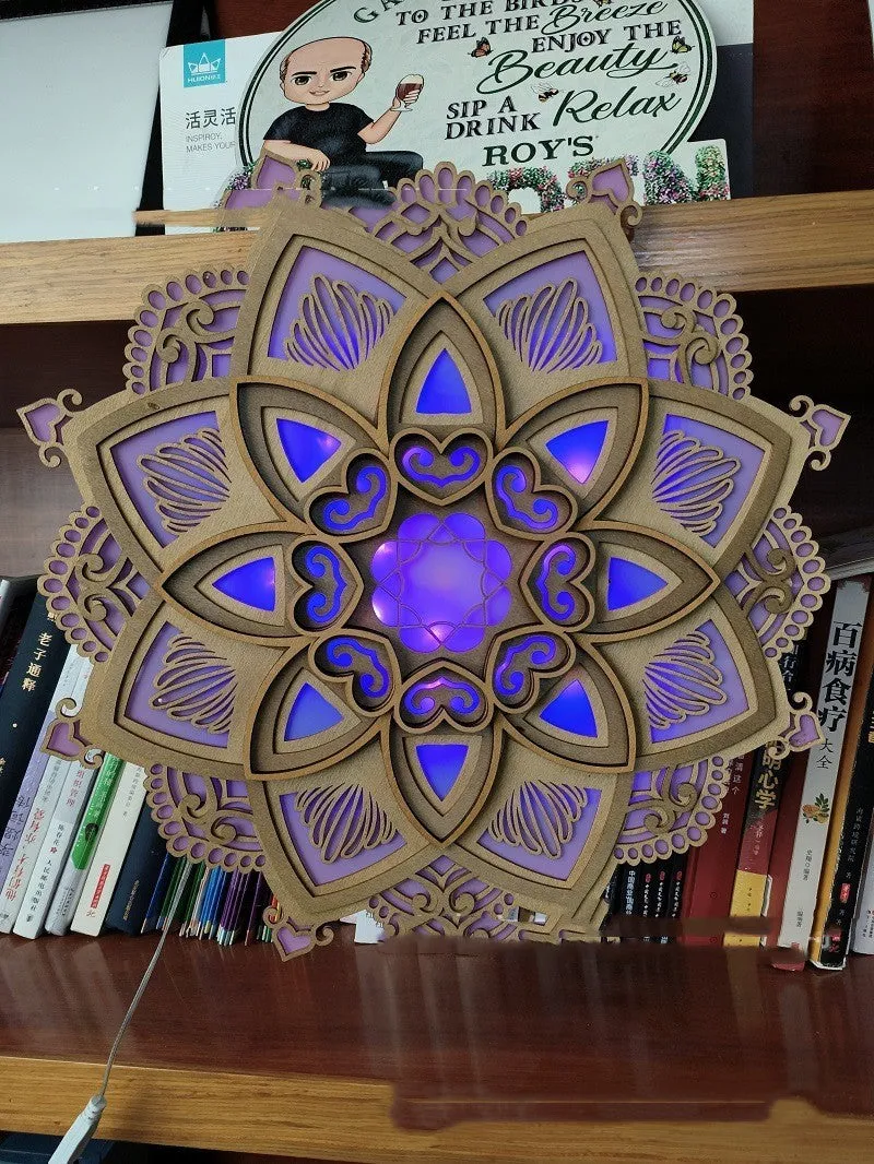 Yoga room creative datura atmosphere night light with wood acrylic lampshade projection blue purple 32x32cm 42x42cm