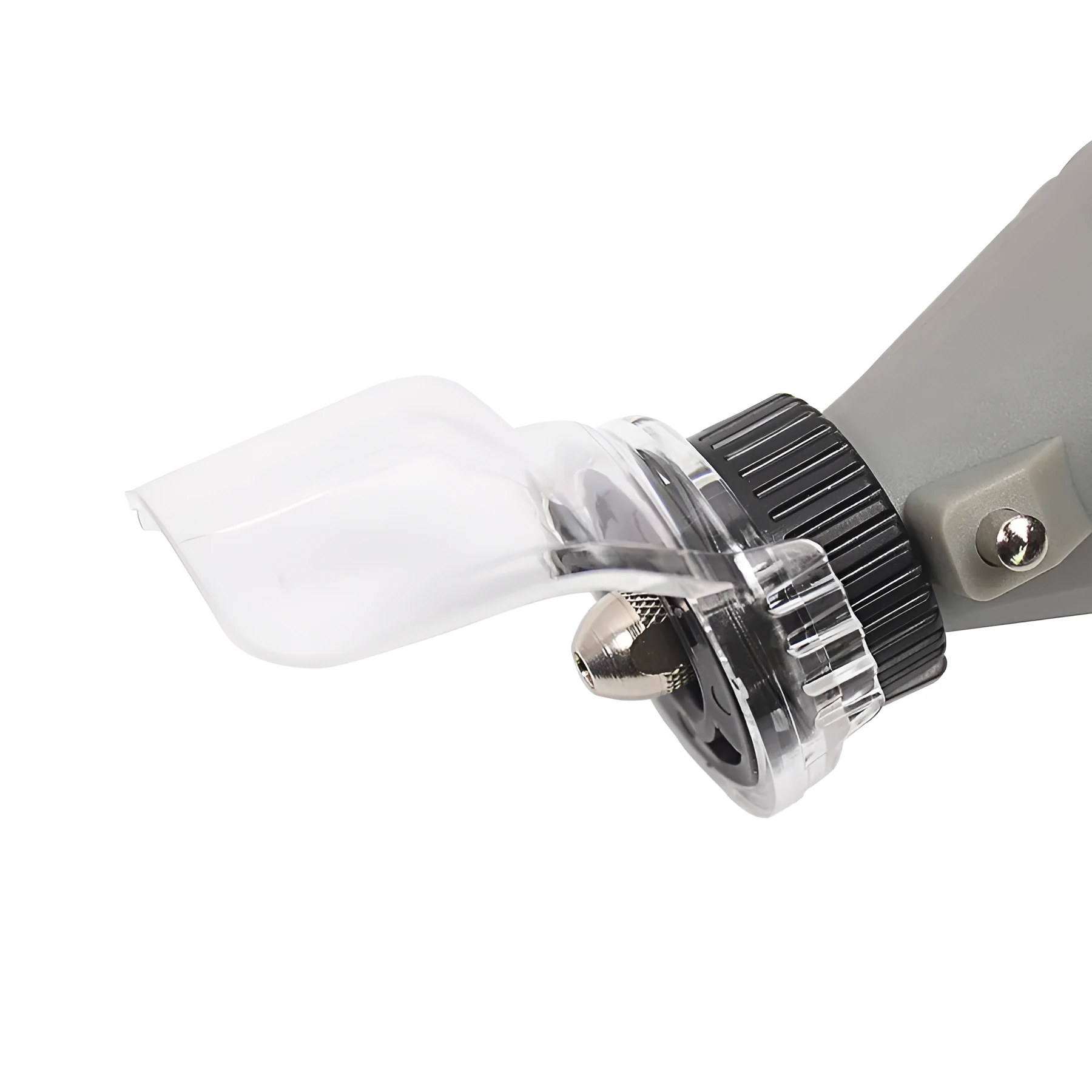 Transparent plastic horn-shaped safety cover for Delta power tools with 17.5-19mm thread port.