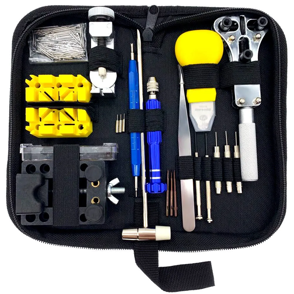 148-piece watch repair tool set with alloy steel tools and diamond hands in a compact case