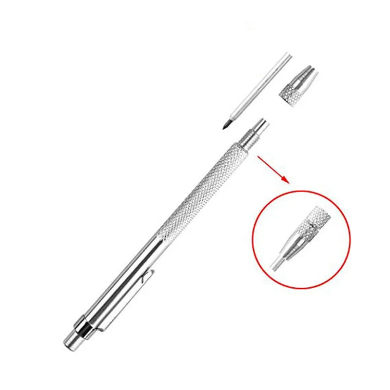 Silver aluminium glass marking pen with tungsten carbide tip on a white background