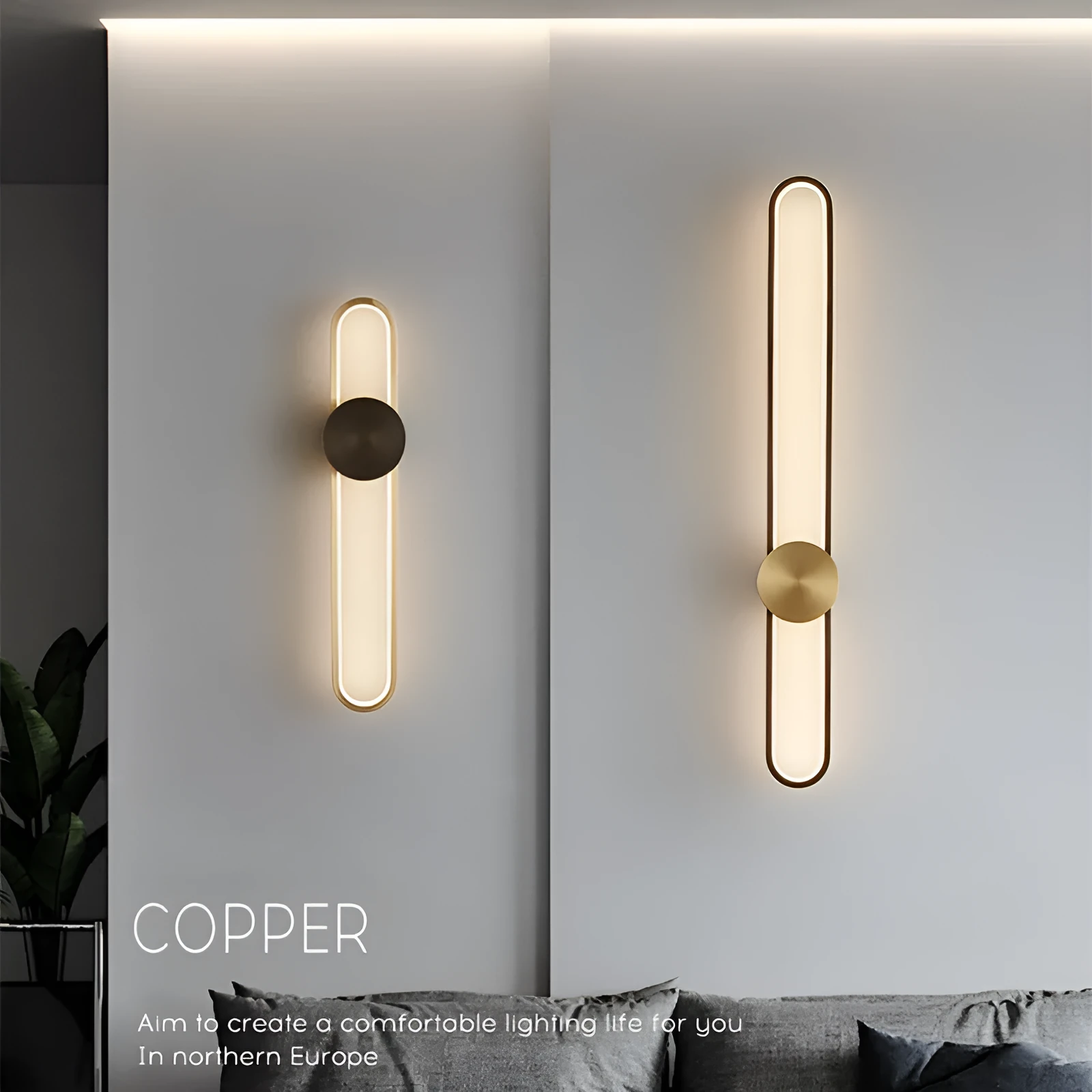 Modern minimalist round wall lamp with iron shade in black or gold finish, 60cm diameter