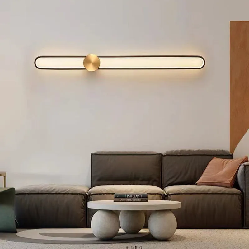 Modern minimalist round wall lamp with iron shade in black or gold finish, 60cm diameter