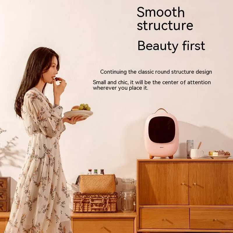 Small 8L white beauty refrigerator with pink option for cosmetics storage on desktop