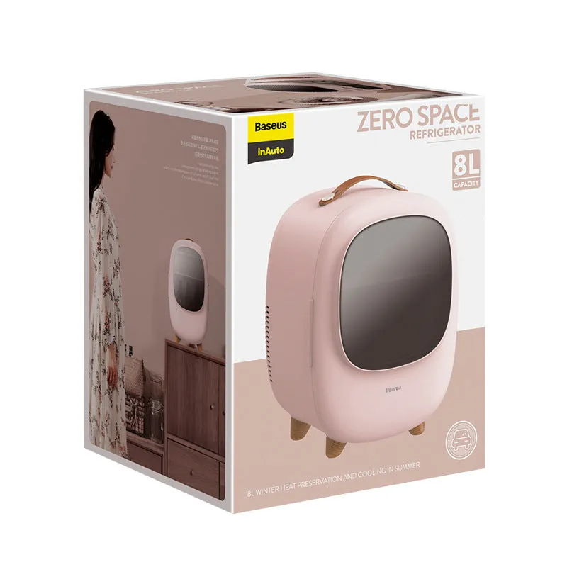 Small 8L white beauty refrigerator with pink option for cosmetics storage on desktop