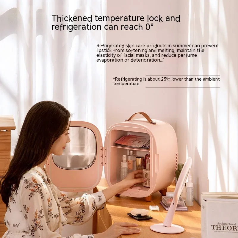 Small 8L white beauty refrigerator with pink option for cosmetics storage on desktop