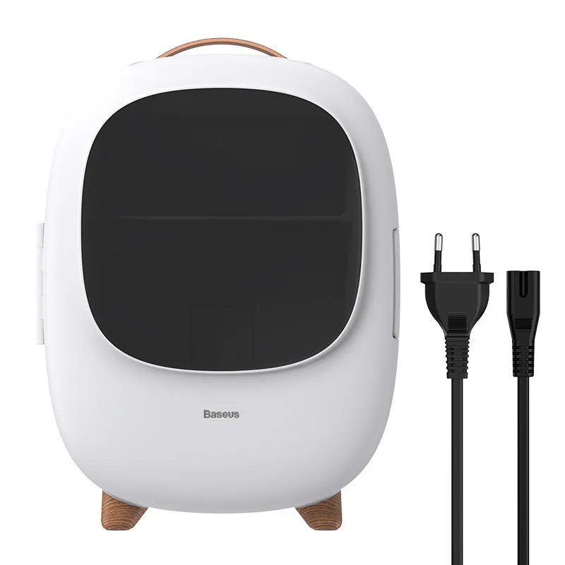 Small 8L white beauty refrigerator with pink option for cosmetics storage on desktop