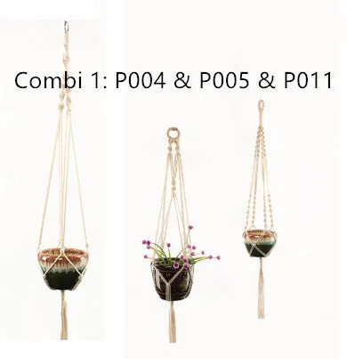 A rustic-style woven cotton rope plant trellis panel supporting green leaves.