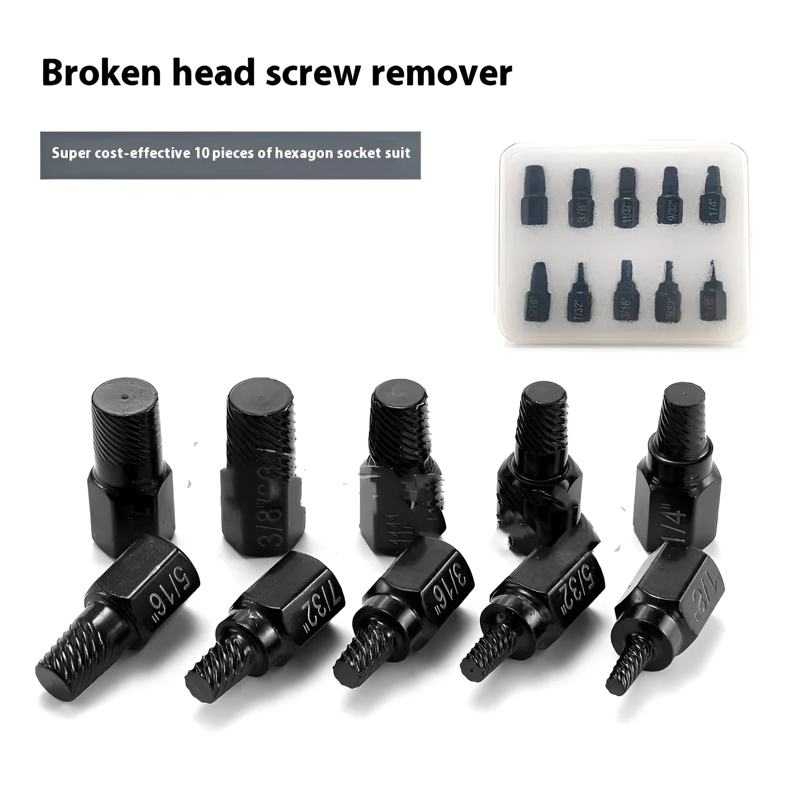 10-piece metal screw extractor set for removing broken bolts and damaged screws
