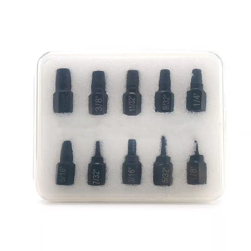 10-piece metal screw extractor set for removing broken bolts and damaged screws
