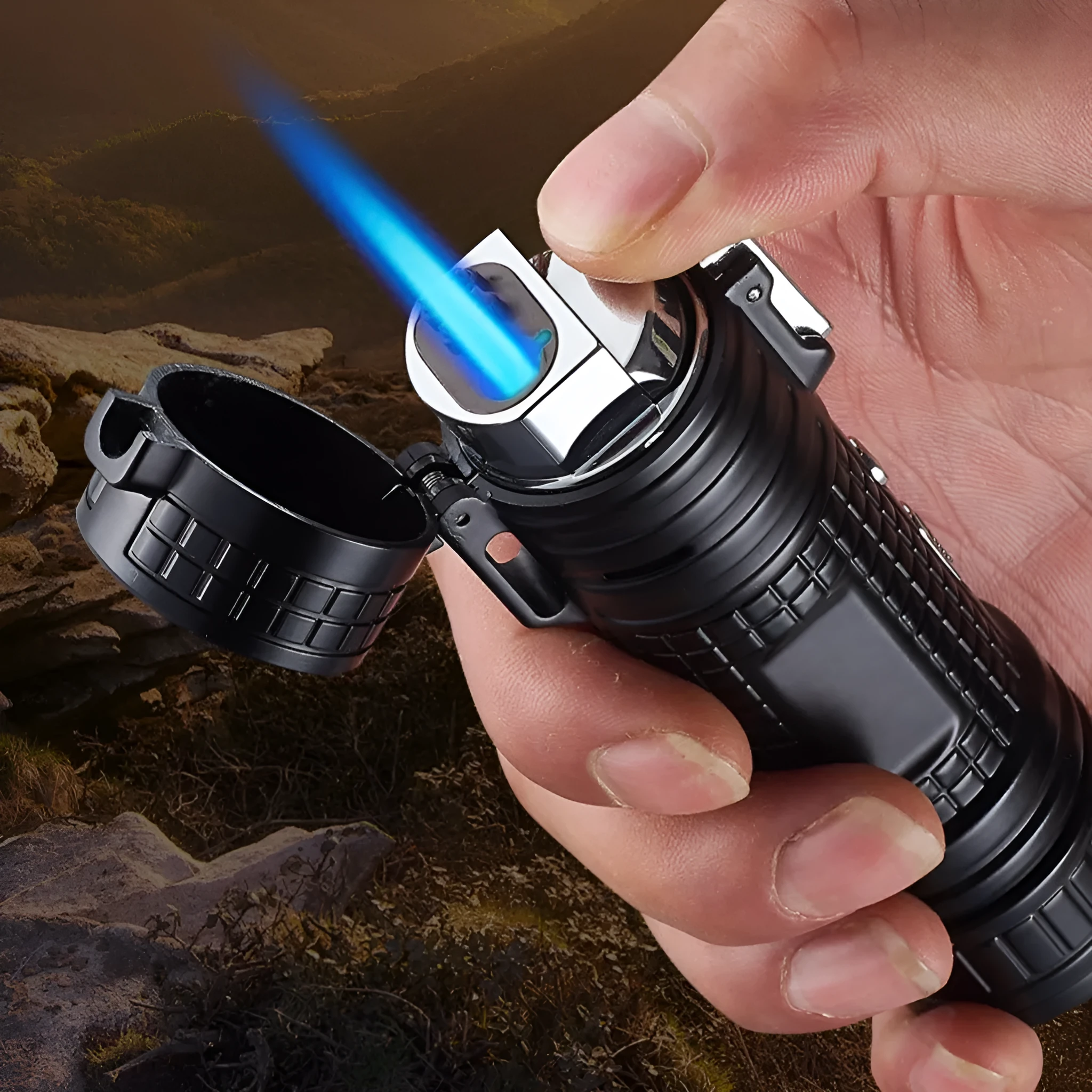 TH727 multi-function metal flashlight lighter showing camouflage colour option with both lighting functions