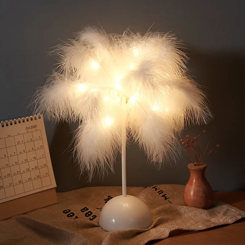 Feather lamp with remote control, USB and battery power, soft night light for bedside or desk
