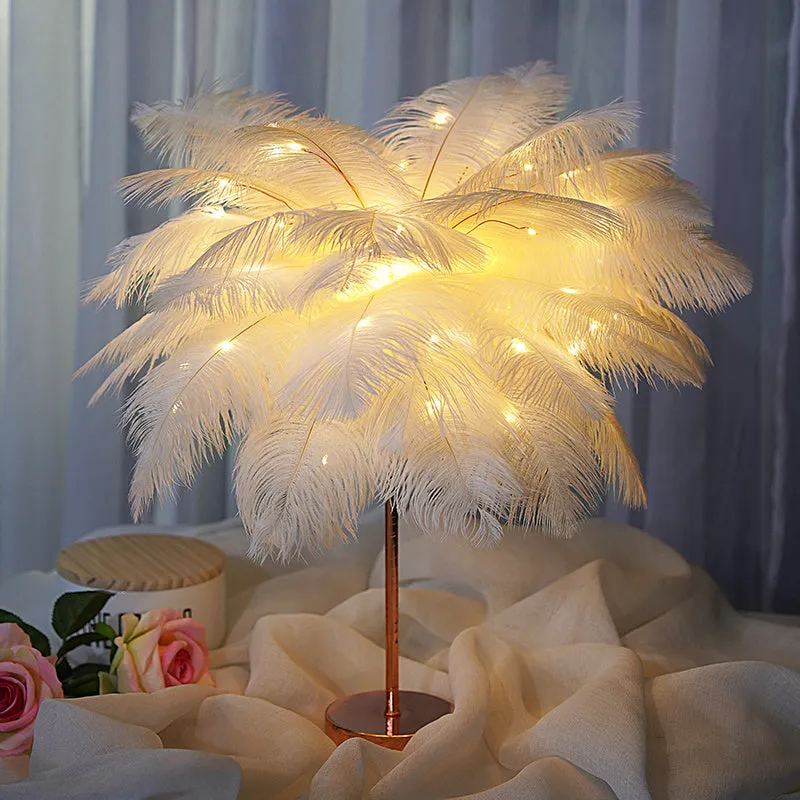 Feather lamp with remote control, USB and battery power, soft night light for bedside or desk