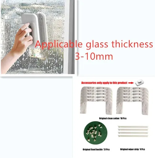 Magnetic double-sided window cleaner brush with silicone scraper, fits 3-35mm glass, 10x15x4cm, white