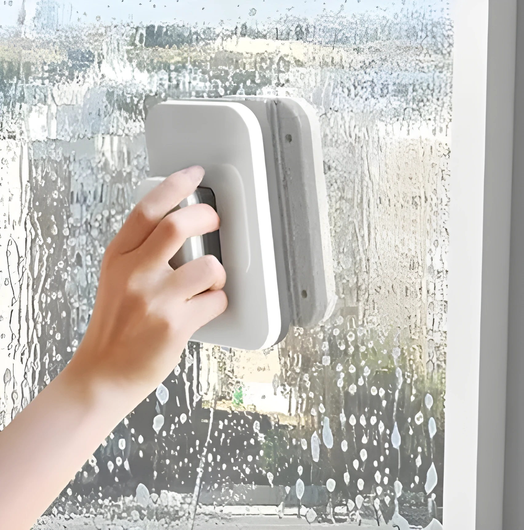 Magnetic double-sided window cleaner brush with silicone scraper, fits 3-35mm glass, 10x15x4cm, white
