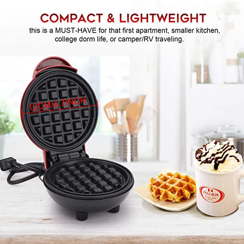 Red household mini electric waffle maker 350W non-stick 12.2cm with UK plug