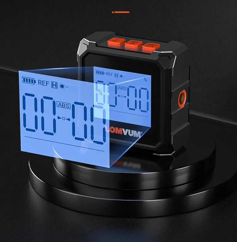 Digital inclinometer with backlit display and alloy casing on a metal surface, showing magnetic attachment.