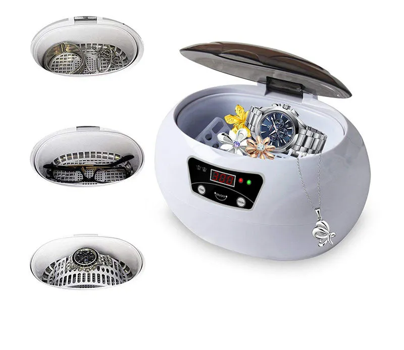 White blue ultrasonic cleaning machine for home use, 20.6cm x 15.2cm x 13.2cm, with digital control panel on a kitchen counter