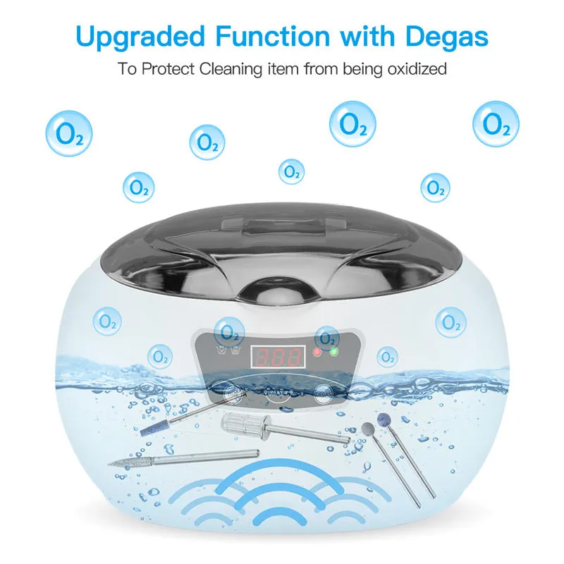 White blue ultrasonic cleaning machine for home use, 20.6cm x 15.2cm x 13.2cm, with digital control panel on a kitchen counter