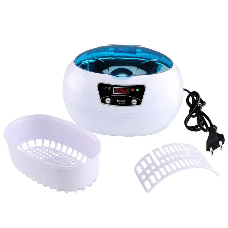 White blue ultrasonic cleaning machine for home use, 20.6cm x 15.2cm x 13.2cm, with digital control panel on a kitchen counter