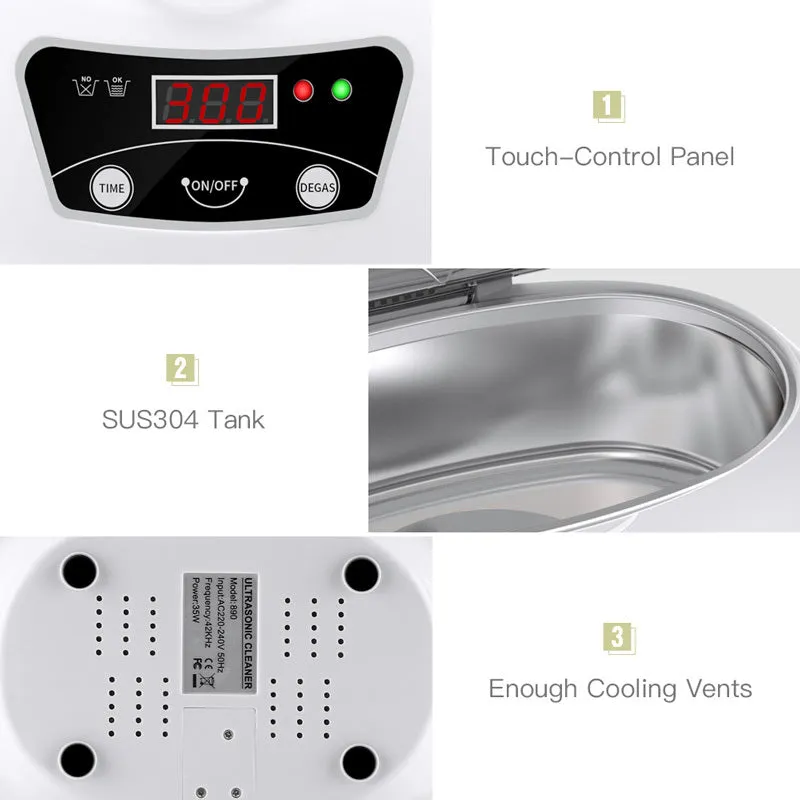White blue ultrasonic cleaning machine for home use, 20.6cm x 15.2cm x 13.2cm, with digital control panel on a kitchen counter