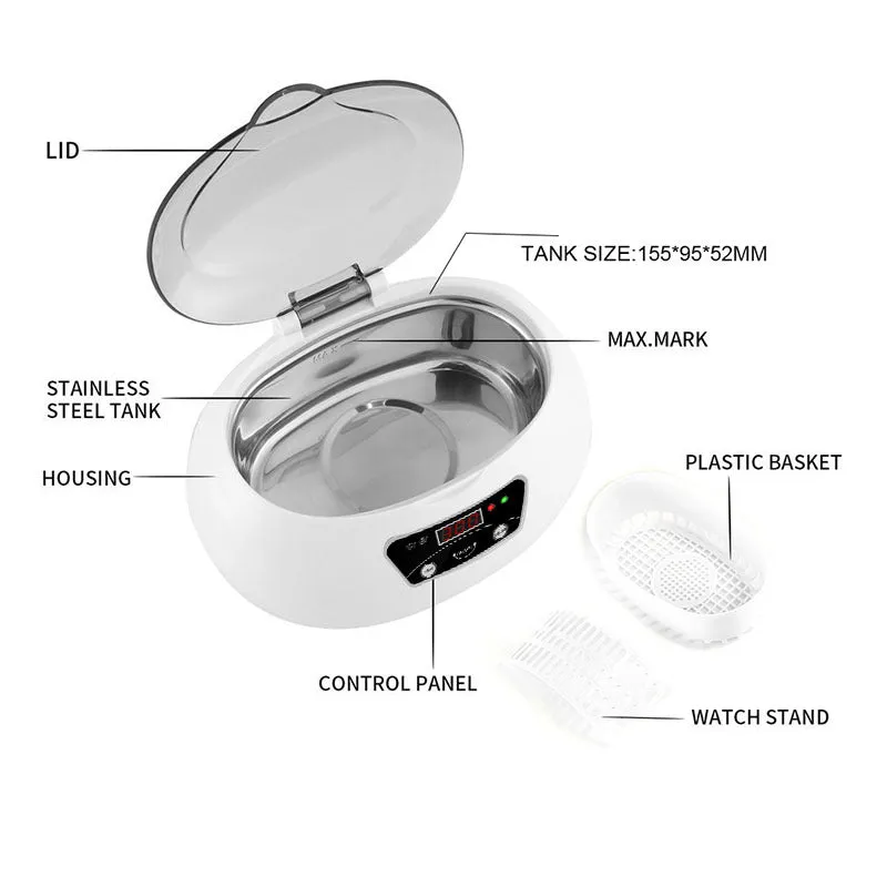 White blue ultrasonic cleaning machine for home use, 20.6cm x 15.2cm x 13.2cm, with digital control panel on a kitchen counter
