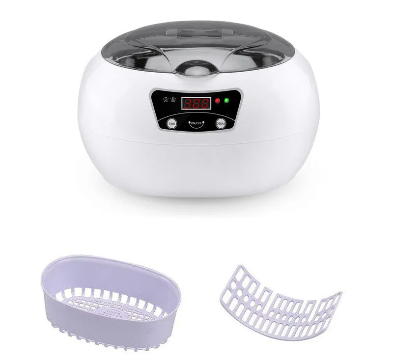 White blue ultrasonic cleaning machine for home use, 20.6cm x 15.2cm x 13.2cm, with digital control panel on a kitchen counter