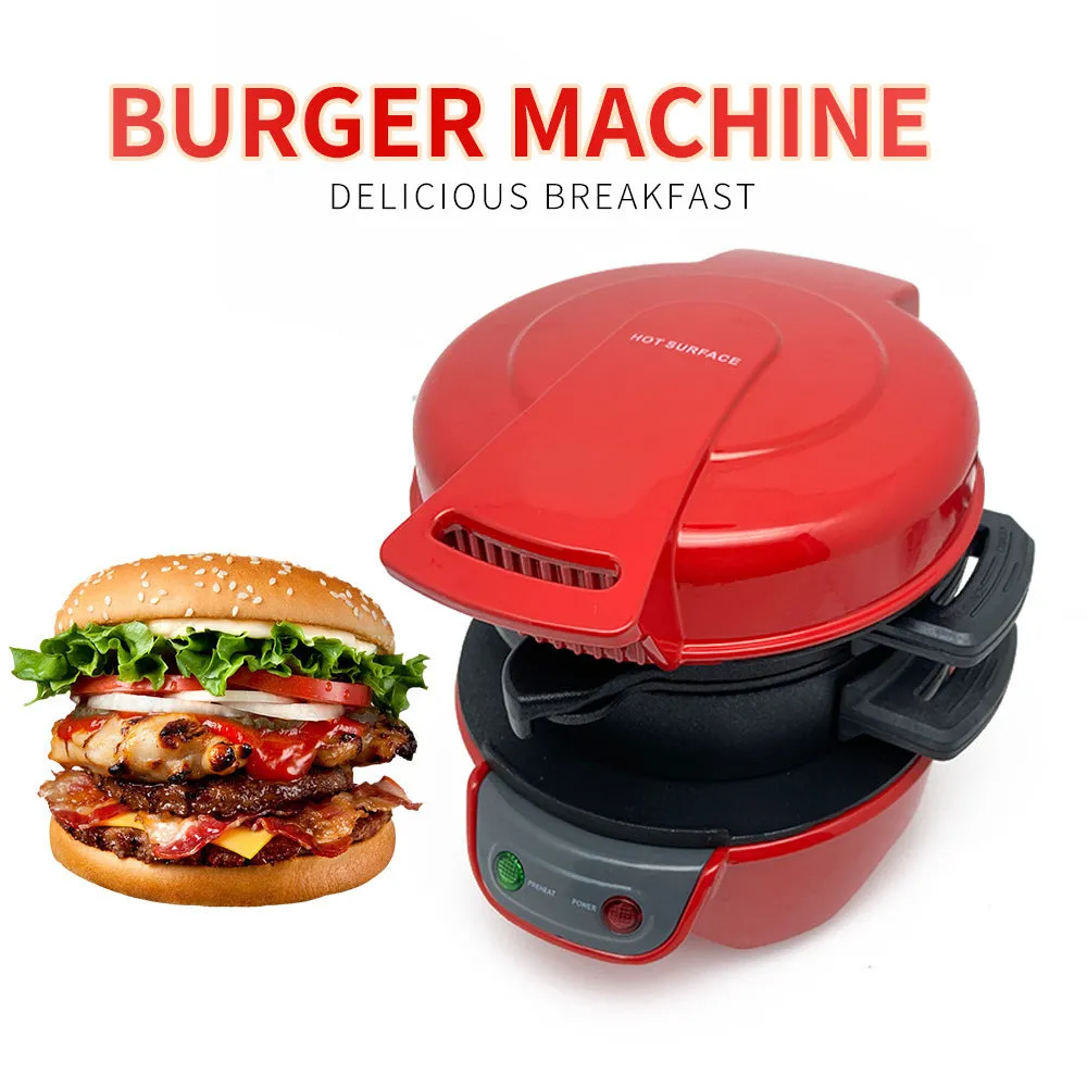 Household breakfast machine sandwich maker with egg cooker ring, 750W, bright red, UK plug