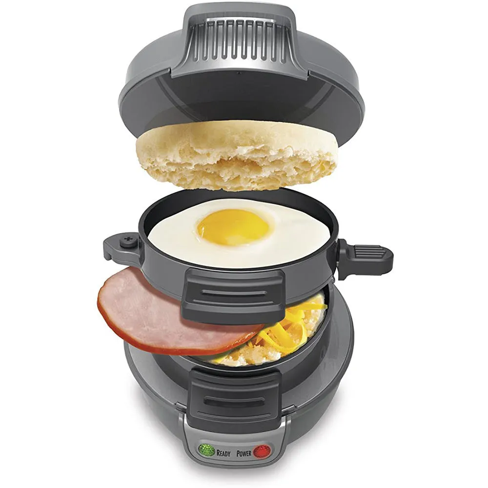 Household breakfast machine sandwich maker with egg cooker ring, 750W, bright red, UK plug
