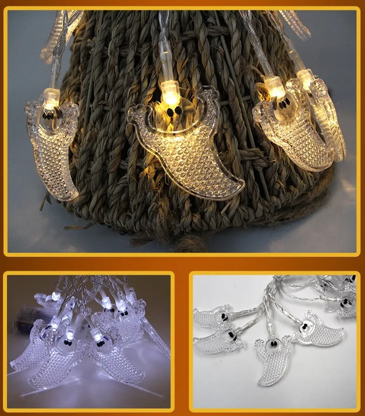 Halloween LED string lights with 10 themed pendants including bats, pumpkins, and ghosts on a 1.2 metre wire