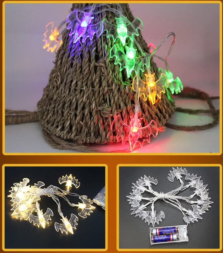 Halloween LED string lights with 10 themed pendants including bats, pumpkins, and ghosts on a 1.2 metre wire